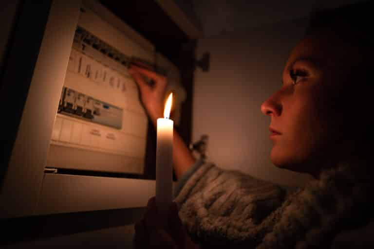 woman checking fuse box home during power outage blackout no electricity concept