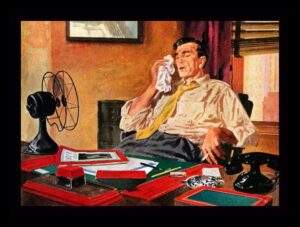 1950s illustration of man suffering heat at desk without air conditioning