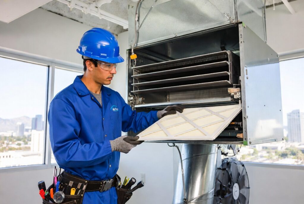 commercial hvac maintenance by NATE certified tech Air-Tro technician conducting commercial HVAC maintenance service in a Los Angeles office building