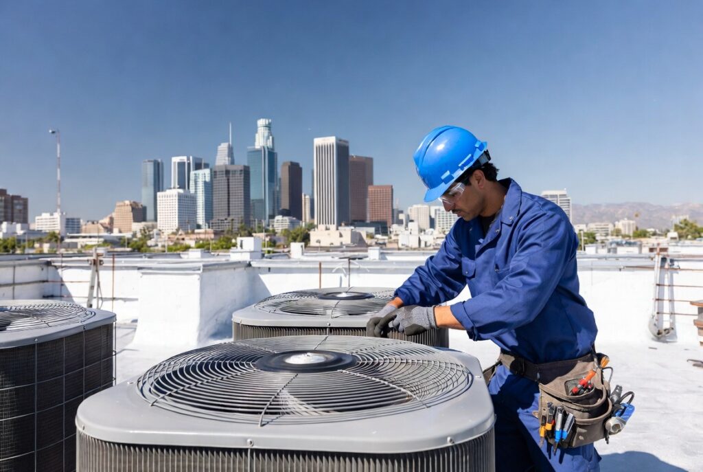 commercial hvac repair los angeles Commercial rooftop HVAC unit in Los Angeles being professionally serviced by certified technician