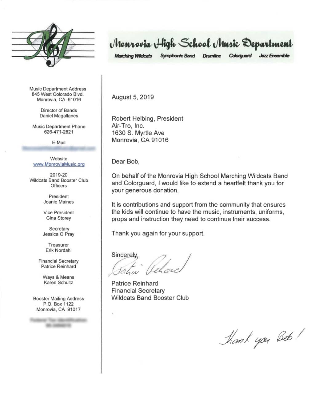 Monrovia High School Marching Band letter 