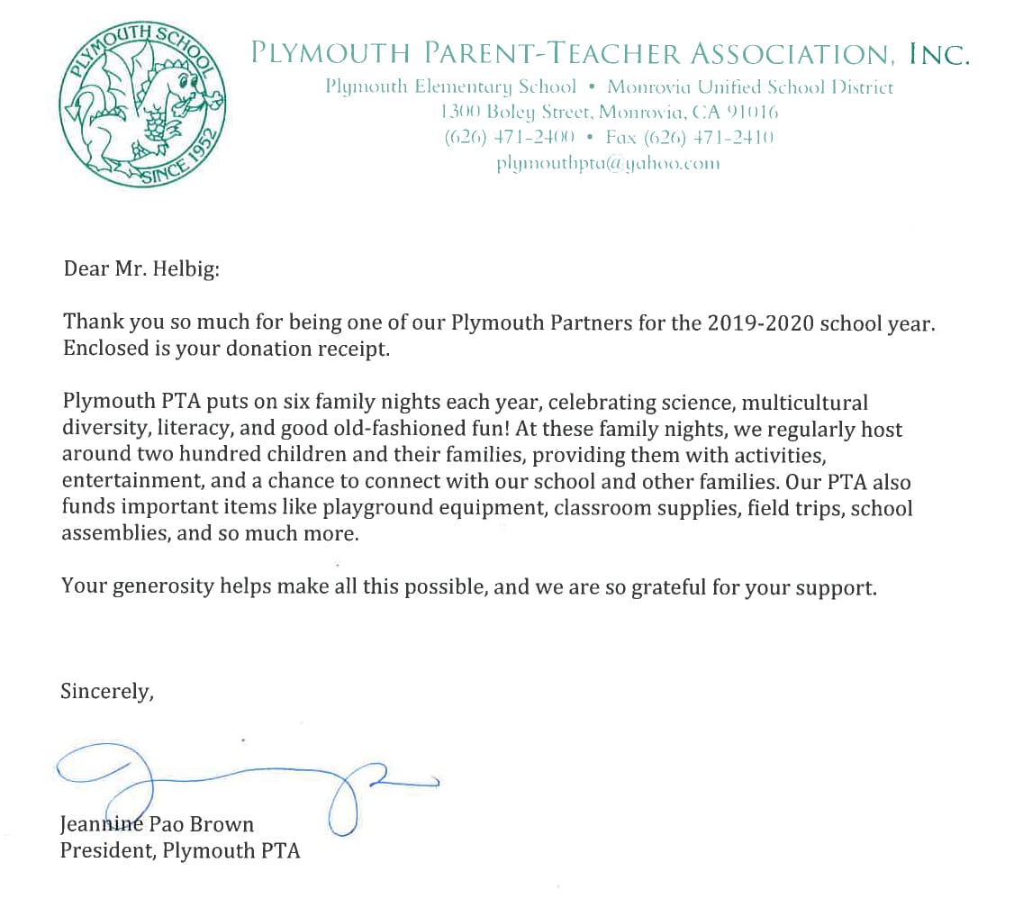 monrovia plymouth parent teacher association contribution