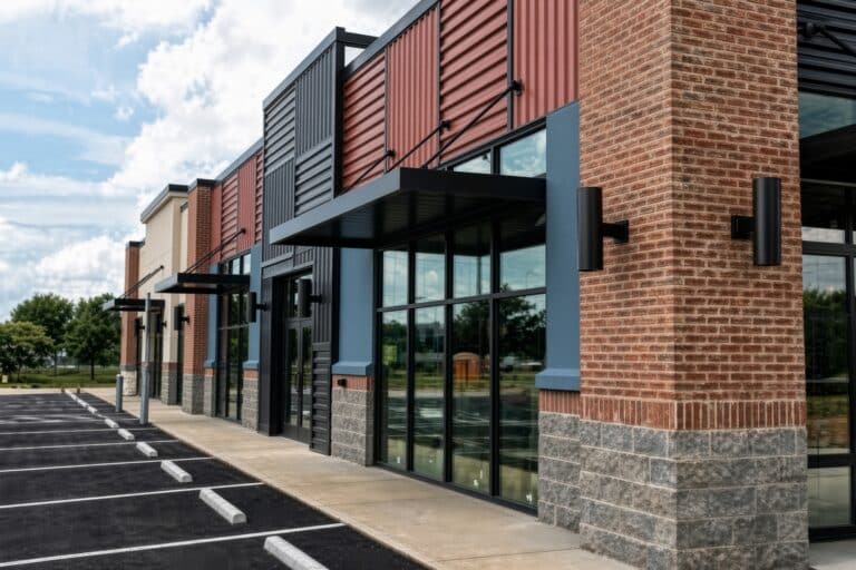 Modern multi-tenant commercial retail building with brick and metal facade, glass storefronts, and parking lot — a typical building type that needs a properly matched HVAC system
