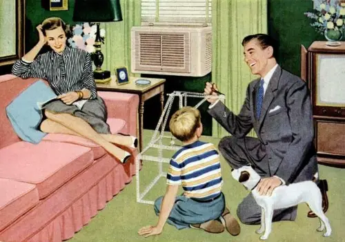 Retro Window AC ad.jp (1) 1960s air conditioning ad showing family building with pipe cleaners in cooled room