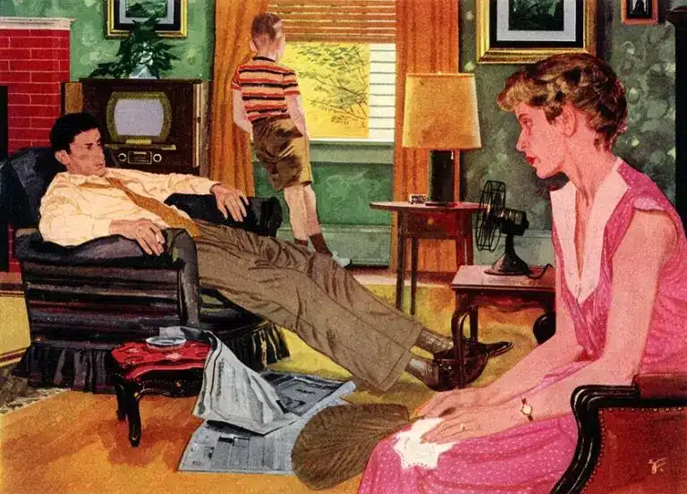 family barely getting by without ac vintage Vintage illustration of hot family without air conditioning