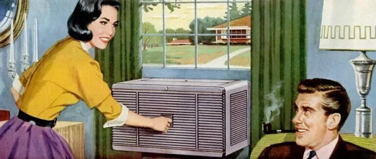 vintage ac ad showing ease of use 1960s ad of woman starting air conditioner with man relaxing indoors