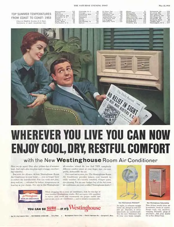 westinghouse ac ad 1953 1953 Westinghouse room air conditioner ad featuring couple enjoying cool comfort