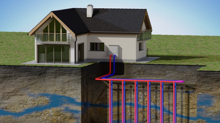 Geothermal Heat Pump Illustration of geothermal heat pump loops extracting earth heat for Pasadena homes